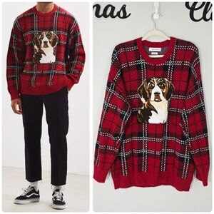 Urban Outfitters Red Plaid Crewneck Sweater Beagle Dog Holiday Tartan Size XL